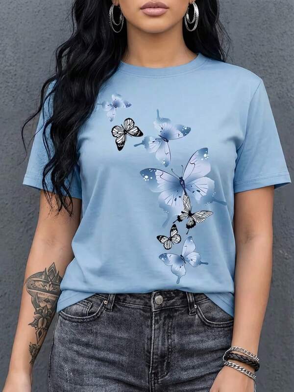 Camiseta playera blusa gráfica estampada mujer dama básica manga corta cuello redondo estampado mariposa mariposas insecto flores flor floral primavera verano uso diario día noche casual corte regular cómoda fresca ligera moderna juvenil colegio escuela calle casa