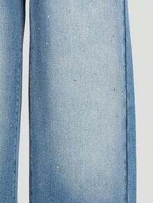 SHEIN Jeans de mezclilla para niñas preadolescentes, nueva colección de verano, casual y cómoda, mezclilla lavada en color azul claro, con aplicaciones de rhinestones, silueta de pierna ancha, tela de algodón suave, adecuada para uso diario, escuela, transporte, reuniones - Azul lavado medio - Ver 9