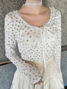 FRIFUL 女士撞色蕾丝碎花系带长袖T恤 - 白色 - 查看 3