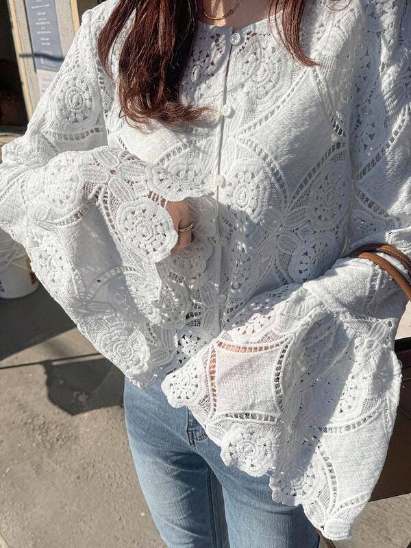 FRIFUL 女士纯色层叠薄纱蕾丝喇叭袖宽松休闲百搭衬衫，春季