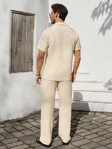 VIVINTIMO 2pcs Men's Solid Color Pocket Front Button Short Sleeve Shirt And Drawstring Long Pants Casual Set, Cozy Outfits - Beige - View 2