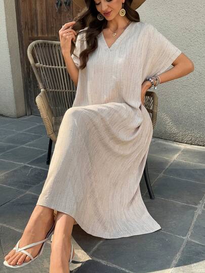 Vivie Lora Vestido midi de manga corta, corte evasé, cuello en V, unicolor, holgado para mujer