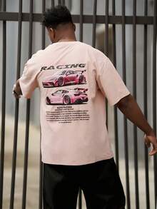 Heavens Edit Men's Fashionable Versatile Racing Culture Graphic Print Short Sleeve T-Shirt, 2000s Style - Pink - View 3