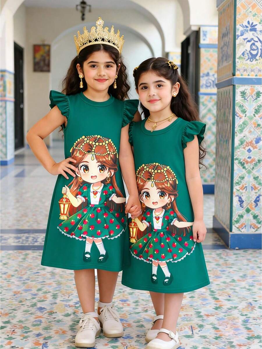 1pc Young Girl Lantern Graphic Cap Sleeve Casual Minimalist Green Dress, Fashionable, Elegant & Cute, Comfortable Summer - Multicolor - View 1