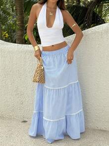 Sunnyshic 女士蓝色低腰格子长裙，蕾丝边设计，甜美可爱学院风，时尚百搭，适合日常、约会、海滩、春夏穿着。 - 藍色 - 查看 6