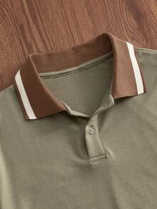 Manfinity Unisex Men's Casual Commuter Striped Short Sleeve Knit Polo Shirt, Summer - Olive Green - View 3