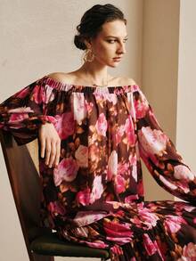 Arave 女士雪纺H型露肩浪漫印花优雅上衣 - 紅色 - 查看 8