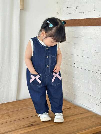 SHEIN Baby Girl Dark Blue Denim Sleeveless White Striped One-Piece Tapered Pants