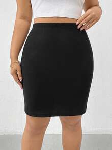 SHEIN Essnce 加大松紧腰纯色铅笔裙 - 黑色 - 查看 1