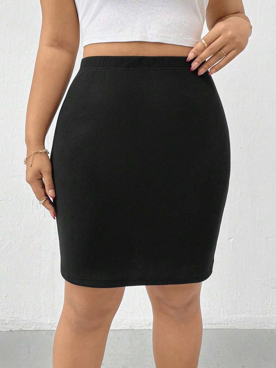 SHEIN Essnce 加大松紧腰纯色铅笔裙 - 黑色 - 查看 1