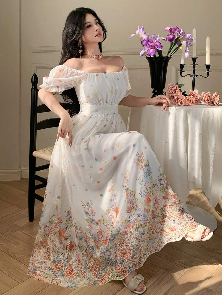 Women's Square Neck Short Sleeve Floral Print Dress, Elegant Resort Style Maxi Dress Sundress Boho