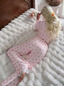 SHEIN 粉色郁金香针织提花印花蕾丝边长袖睡衣套装 - 粉色 - 查看 2