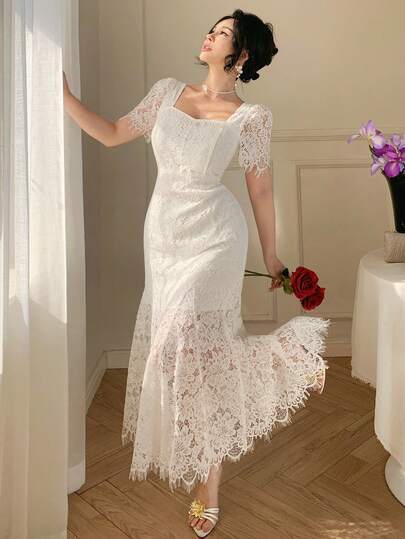 DAZY 女士蕾丝领短袖修身优雅长裙