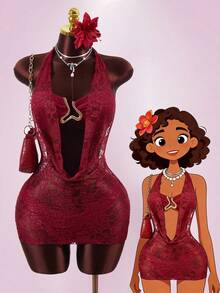 Zestiva 3件套夏季沙滩度假蕾丝上衣+蕾丝三角裤+蕾丝罩衫 - 酒紅色 - 查看 1