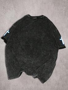 GENIUS ODE Men's Cross & Letter Print Round Neck Casual Short Sleeve T-Shirt - Black - View 2