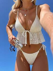 Elavelle 女士春夏提花面料吊带系带金属装饰吊带比基尼上衣 - 米色 - 查看 8