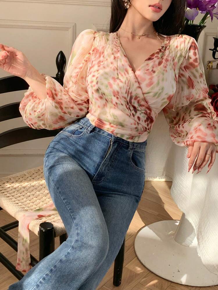 Women's Floral Print Tie Front Lantern Sleeve Elegant Vacation Blouse, Spring/Summer