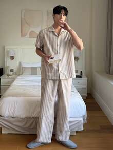 DAZY Apricot Short Sleeve Shirt And Pants Men's Pajama Set, Spring/Summer - Apricot - View 7