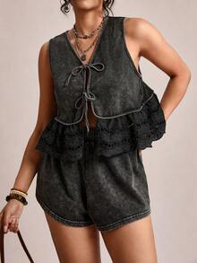 SHEIN LUNE Dark Green,Summer,Boho,Holiday Women's Plus-Size Cotton 2pcs Set:Snowflake Washed Babydoll Sleeveless Tie Front Peplum Top & Elastic Waist Shorts Set - Black - View 8