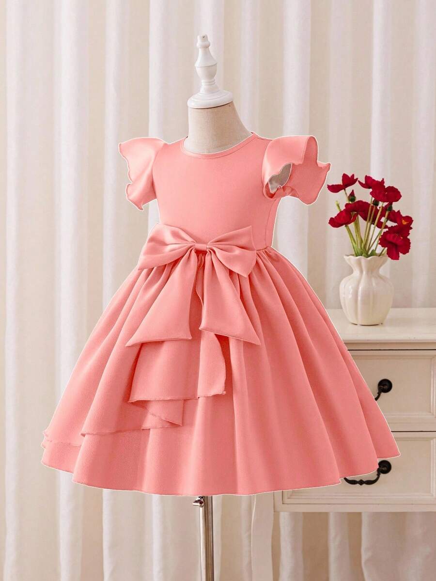 Glamorique Kids 年轻女孩优雅高档酒红色缎面蝴蝶结装饰泡泡袖连衣裙，正式场合穿着 - 粉色 - 查看 1