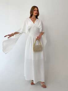 Aloruh Apricot V-Neck Flowy Elegant Romantic Vacation/Date Dress - Apricot - View 4