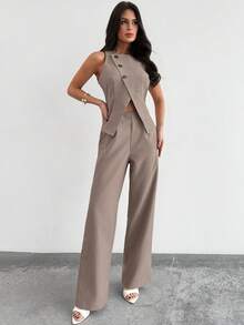 Firerie Women's Elegant Casual Urban Commute Office Wear Khaki Sleeveless Asymmetrical Collar Design Waist Cinched X-Shaped Fitted Blouse And Loose Wide Leg Pants Set, Spring/Summer Ladies Suit, Teacher Outfit, Graceful Commuter Attire - Khaki - View 3