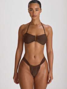 Musera Resort Thick Strap Ruched Cheeky Bikini Bottoms Swim Vacation Holiday Summer Travel Beachwear Basics Solid Colour Swimwear Resort Core - Brown - View 2