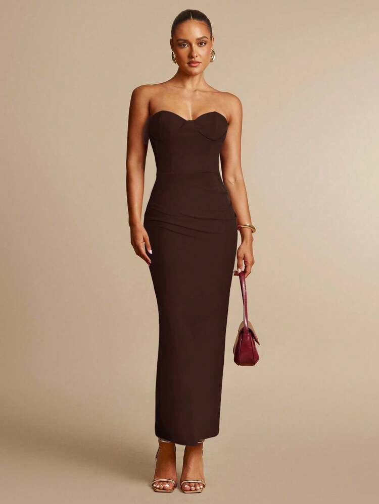 brown dresses going out Silquee Women's Jacquard Strapless Slim Fit Elegant Coffee Color Long Dress  Elegant Dresses For Women Elegant Long Party Dress Going Out Outfits Brown  Dress