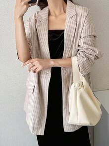 FRIFUL Women's Casual Commuting Striped Loose Blazer - Apricot - View 7
