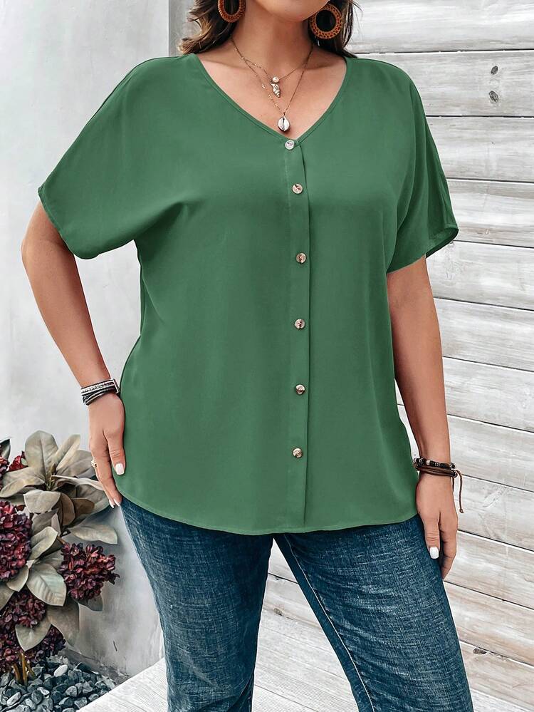 Plus Size Women's Orange Button Embellished Short Sleeve Shirt For Spring Plus Size Button Down Shirt Plus Size Summer Shirt Plus Size Casual Tops