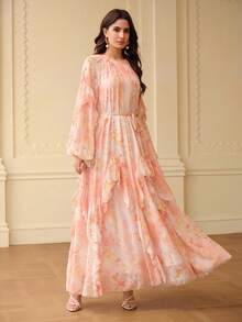 SHEIN X Scot Louie ZEYLAH Elegant Romantic Floral Print Flowy Ruffle Hem A-Line Dress, Spring/Summer - Baby Pink - View 3