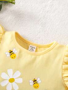 Babygirl Cute Floral Print Cap Sleeve Casual Top, Summer - Yellow - View 3