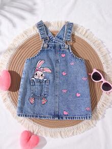 SHEIN Baby Girl Cute Pink Ribbon Bow Denim Dress,Kid Girls Spring And Summer Casual Vacation Country Boho Wear, Beach Outfits For Kid Girls, Spring Break Outfits,Rave Outfits Festival Denim Dress,Cute Vacation Print Dress - Light Wash - View 5