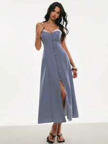 Poéselle 女士优雅蕾丝拼接格子吊带裙，夏季 - 黑色 - 查看 5