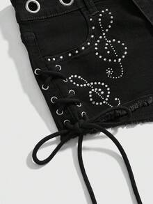ROMWE Women's Y2K Millennium Retro Ultra Low Waist Mini Musical Note Rhinestone Embellished Denim Jeans - Black - View 4