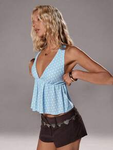 TRNVIE 女士优雅波点V领露背吊带背心，春夏款 - 藍白色 - 查看 4