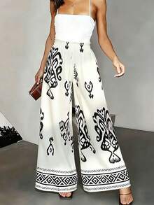 SHEIN Holidaya Women's Printed Wide Leg Pants, Loose Fit, Elegant & Versatile, Suitable For Vacation And Daily Wear, Spring/Summer - Beige - View 3