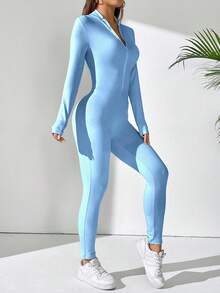 SHEIN PETITE 女款素色長袖拉鍊立領連身褲，適合嬌小女性 - 淺藍色 - 查看 4