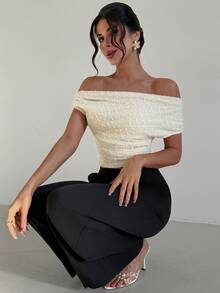 Firerie Top elegante de manga corta con cuello asimétrico y fruncido de unicolor para mujer - Albaricoque - Ver 8