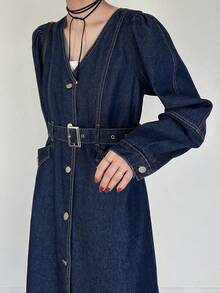 FRIFUL Women's Casual Commuter Front Button Long Denim Dress - Blue - View 6