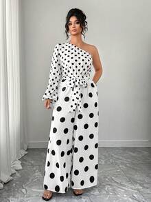 Elenzga Mono de pierna ancha de cintura ceñida con hombros oblicuos de manga larga y parches de lunares para mujer de talla grande, elegante, de moda, versátil, adecuado para salidas, primavera/verano - Blanco y Negro - Ver 4