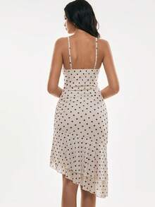 Poéselle 女士波点印花褶皱不对称荷叶边下摆时尚吊带连衣裙 - 米色 - 查看 8