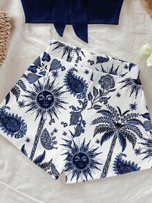 Soleia Ensemble 2 pièces imprimé cocotier et fleur de cajou pour femmes grandes tailles, idéal pour les vacances, l'été, chic - Bleu marine - Voir 5