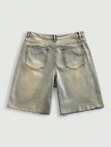ROMWE MEN Men's Distressed Rhinestone Washed Frayed Hem Denim Shorts - Yellow - View 3