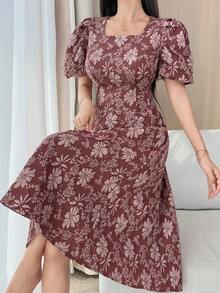 DAZY 女士方领收腰A字纹理面料连衣裙波西米亚风 - 酒紅色 - 查看 1