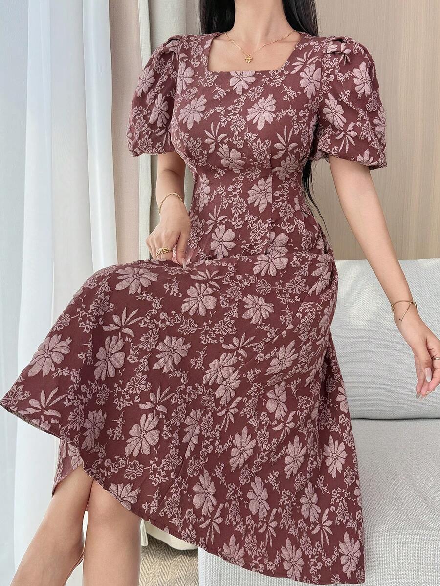 DAZY 女士方领收腰A字纹理面料连衣裙波西米亚风 - 酒紅色 - 查看 1