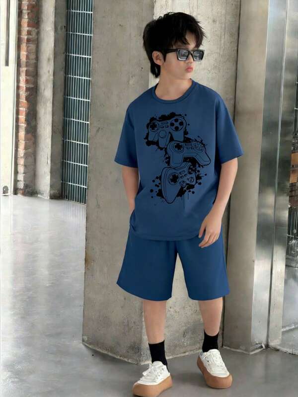 1 Set Tween Boys Casual Comfortable Minimalist Graffiti Game Print Short Sleeve Crew Neck T-Shirt And Shorts Set, Suitable For Boys Daily Wear