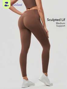 OutZeal 女士吸汗中度压缩交叉腰侧口袋紧身裤，适合日常健身和普拉提 - 棕色 - 查看 1