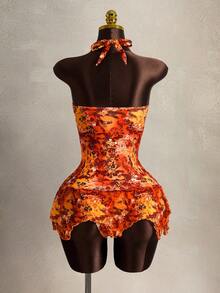 Zestiva Women's 2 Pieces Swimsuit, Fashionable Waist Ruched Front Deep V-Neck Halter Cake Skirt, Summer - Orange - View 2