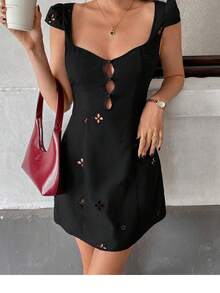 Serisse Embroidered Hollow Dress Mesh Dress Black Mini Dress Women Mini Solid Color Dress, Fashionable For Summer,Rave Outfits Festival Casual - Black - View 8